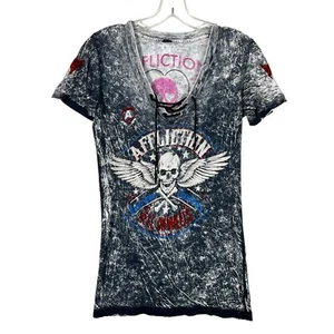 Affliction Lace Up Burnout Velvet Grunge Skull Print Fitted Short Sleeve T-Shirt - Picture 1 of 5