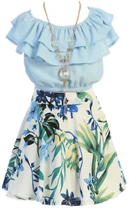 Girls Crop Top Ruffle Layered Top Floral Flower Girl Skirt Sets Denim Blue Dress - Picture 1 of 4