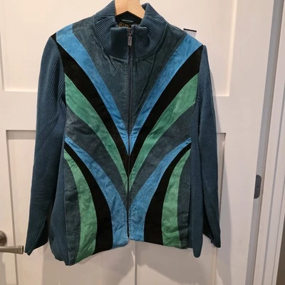 VTG Bob Mackie Women's Leather Jacket Wearable Art Size 1X Teal Black Green Blue - Image 1 of 4