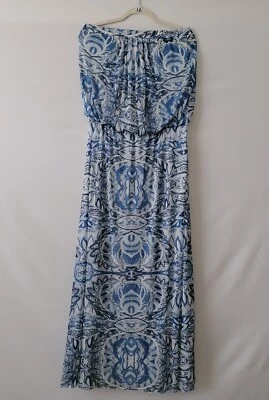 Maxi Vestido Largo Sin Tirantes Estampado Azul-Blanco Cynthia Rowley Para Mujer Talla XL Foto 1 de 4