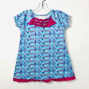 Hanna Andersson Dress Sz 4T 100cm Aqua Blue Flower Dots Pink Ruffle Short Sleeve - Picture 1 of 5