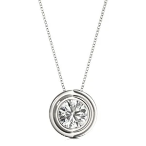 IGI Certified Lab-Created D/VS Round Cut Diamond Bezel Set Solitaire Pendant. - Picture 1 of 41