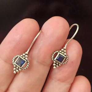 Vintage Silver Blue Earrings Dainty Sterling Small Ethnic Granulation Filigree - Picture 1 of 13