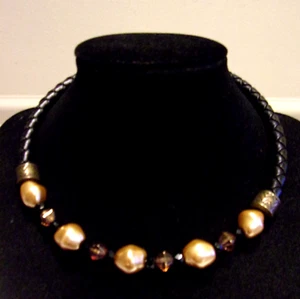 Beige Baroque Faux Pearls,Beads,Braided Faux Leather, Expansion Choker Necklace - Picture 1 of 10