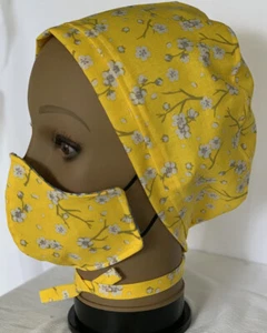 Yellow Floral Scrub Hat And Face Mask Set - Picture 1 of 4