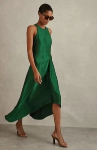 REISS Micah Petite Satin Drape Tuck Midi Dress in Green UK Size 16 - Picture 1 of 5