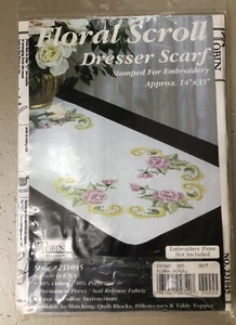 Tobin Stamped Cross Stitch Dresser Scarf Runner Floral Scroll 14 X 39” NIP - Picture 1 of 2