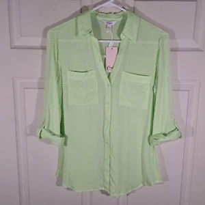 Candies Button Up Shirt Womens Size XS Green Cuffed Textured Sheer NWT $38.00 - Picture 1 of 20
