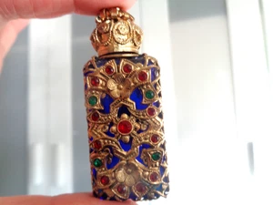 BOHEMIA BOTELLA PERFUME AZUL COBALTO Filigrana Latón Dorado Estrás REPÚBLICA CHECA - Imagen 1 de 14