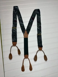 Vintage Ralph Lauren Polo Silk Leather Suspenders Braces Green Automobile Car - Foto 1 di 18