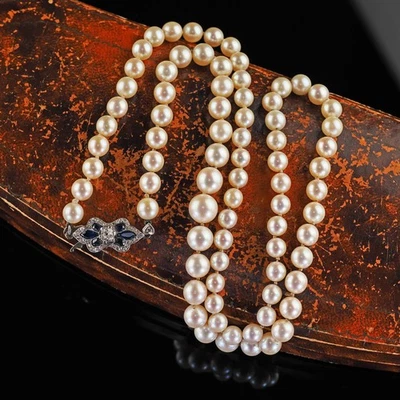 Antique Art Deco Platinum 18K Gold Old Mine Diamond Sapphire Pearl Necklace - Image 1 of 4