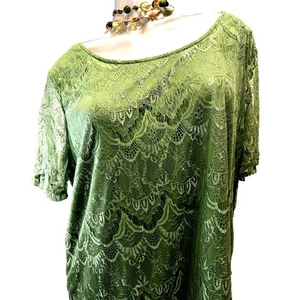 Blusa de manga corta festoneada de encaje verde esmeralda Notations nueva con etiquetas talla 2X 22 24 - Imagen 1 de 10