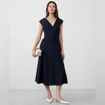 NWT! Banana Republic Preppy Navy Linen-Blend Wrap Midi Dress - Size 12 - Image 1 of 4