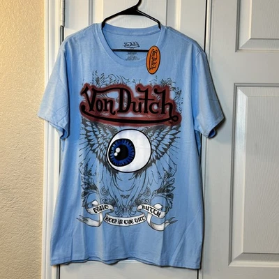 Von Dutch Embroidered “Keep An Eye Out” Blue Men’s T-Shirt Large NWT - Image 1 of 4