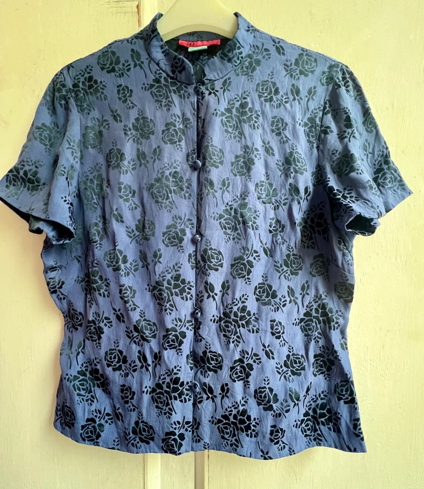 Top túnica Monzón 14 púrpura azul mezcla seda floral oriental mangas cortas Foto 1 de 4