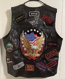 Italian Stone Design Genuine Leather Biker Motor Vest With Patches Size XL Black - Picture 1 of 12