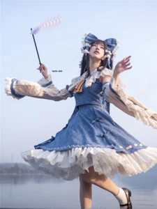 TouHou Project Hakurei Reimu Cosplay Costume Cyan Color Women Girl Maid Dress - Picture 1 of 14