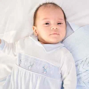 NEW Baby Boys Sleepsuit Outfit 'Rabbit & Star' Smocked Blue Velour by Dandelion - Picture 1 of 9