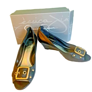 Jessica Simpson Black Leather Open Toe Wedge Heel With Buckle Women's Size 9M - Picture 1 of 9