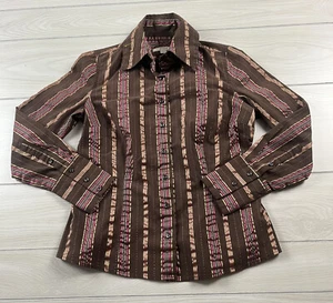 Merona Top Sz Small Brown Pink Striped Stretch Color Buttons Textured Shiny - Picture 1 of 9