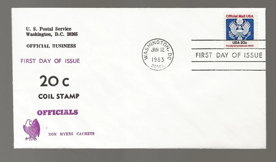 US Scott #O135, First Day Cover 1/12/83 Washington DC Single 20c Official - Image 1 of 1