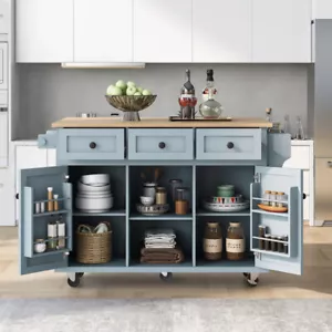 Kitchen Island w Rubber Wood Top, Storage Racks, Cabinet & 3 Drawers, Grey Blue - Picture 1 of 15