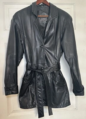 Lucky Leather Co. Vintage Real Leather Belted Jacket Coat Trench Sz Small A Line - Image 1 of 4