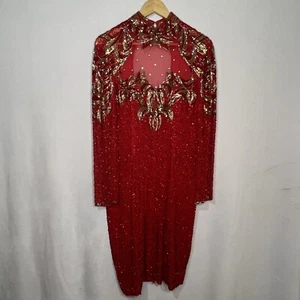 Vintage schwarze Krawatte Neiman Marcus Seide Perlenkleid festlich rot und gold - Bild 1 von 10
