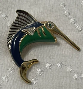 Goldtone/Silvertone blue&green enamel sword fish brooch pin rhinestone eye - Picture 1 of 7