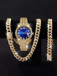 Luxus Herren-Set – Strass-Uhr mit Kalender / Kette & Armband im Hip-Hop-Stil - Bild 1 von 5