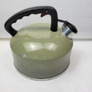 Vintage Whistling Aluminum Tea Kettle - Tea Pot 2.5 Qt. Green MCM Retro - Picture 1 of 7