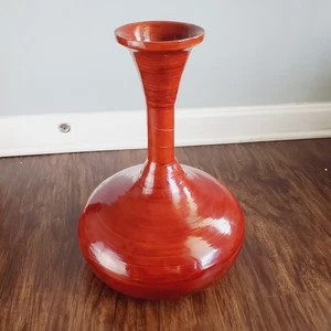 MCM Large Red Retro Vase Thin Wood Vase Wrapped Lightweight Collectible - Picture 1 of 5