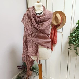 Bufanda boho hecha a mano con estampado de bloques tejida rosa de algodón crudo Zin - Imagen 1 de 9