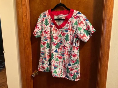 UA SCRUB TOP CHRISTMAS PATTERN OWLS BIRDS DEER WOODLAND TREES SZ MED - Image 1 of 4