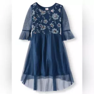 Navy blue lace floral mesh embroidered formal girls dress long sleeve XL 14-16 - Picture 1 of 11