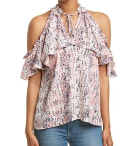 Wanderlux Rüschen vorne marineblau/mauve Schlangenmuster Top BLUSE, Größe S, Original 79 $ - Bild 1 von 2
