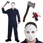 Halloween Jason Adults Costume Fancy Dress Navy Jumpsuit Mask Axe Blood