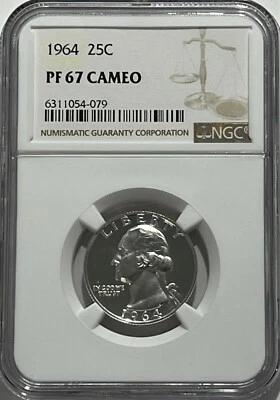 1964 NGC PF67 Cameo 90% Silver Proof Washington Quarter 25c White Label - Image 1 of 3