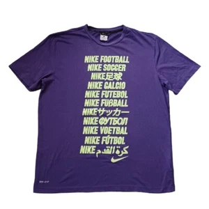 Nike Soccer T Shirt Mens XL Purple Multiple Languages Spell Out Dri Fit Swoosh - Picture 1 of 14