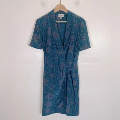 Adrianna Papell Silk Floral Faux Wrap Midi Dress Size 10 Blue Short Sleeves - Image 1 of 4