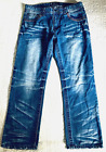 Vintage "CJ Black Premium" Men W 34 L 28 Distress Denim Leather Trim Blue Jeans