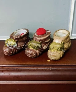 Antique Ceramic Porcelain Shoe Boot Pin Cushion Red Velvet Sewing Collectible - Picture 1 of 3