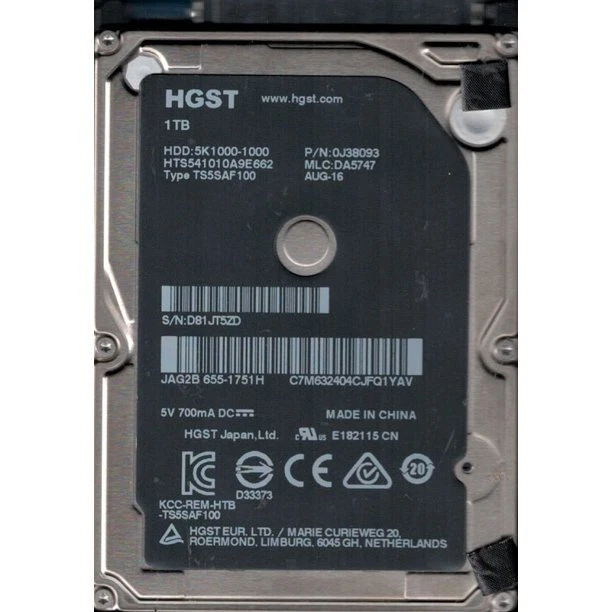 1TB HGST 2.5" HDD Festplatte für Laptops 5400 RPM SATA 6 Gb/s 8MB Cache - Bild 1 von 1