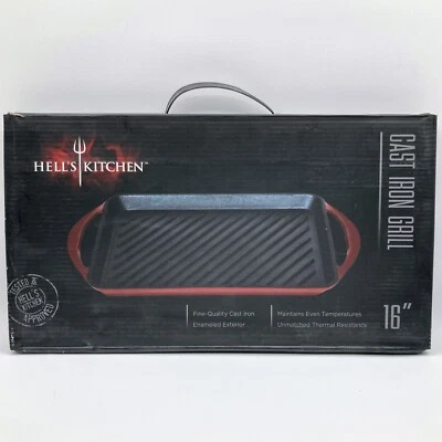 Hell's Kitchen Cast Iron Grill 16" Red Enamel Exterior Rectangle Griddle Pan NIB