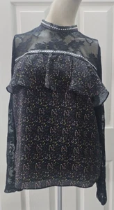 Top Glam scuro floreale pelle finto collo trasparente nero pizzo volant Y2K taglia media nuovo con etichette - Foto 1 di 19