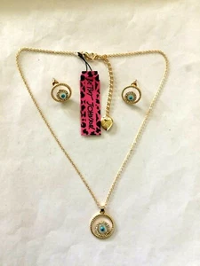 BETSEY JOHNSON RHINESTONE BLUE EVIL EYE GOLD PLATED NECKLACE W/ STUD EARRINGS - Picture 1 of 1