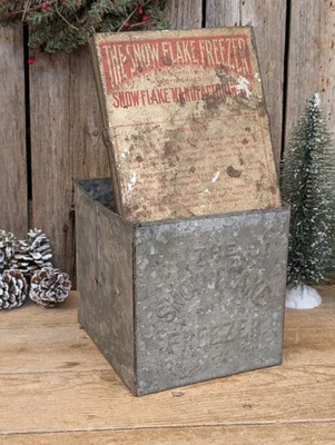 Antique Primitive Winter Decor Advertising Tin Box "Snow Flake Freezer" - Image 1 of 4
