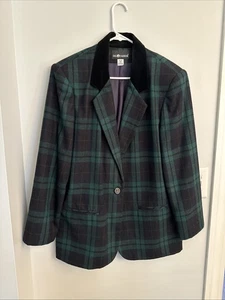 vtg SAG HARBOR Tartan Black Watch Plaid Wool Blend Blazer Size 14 Velvet Trim - Picture 1 of 4