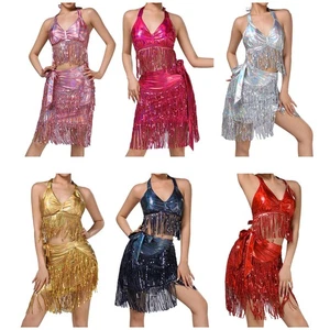 Damen Tanzkleidung Latein Outfits Fasching Kleid Cha-cha Tanz Karneval Bauch - Picture 1 of 76