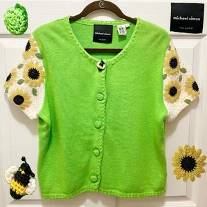 Michael Simons Womens Sweater Top XL Knit Flower Bee Beaded Crochet Vintage Cute - Picture 1 of 13